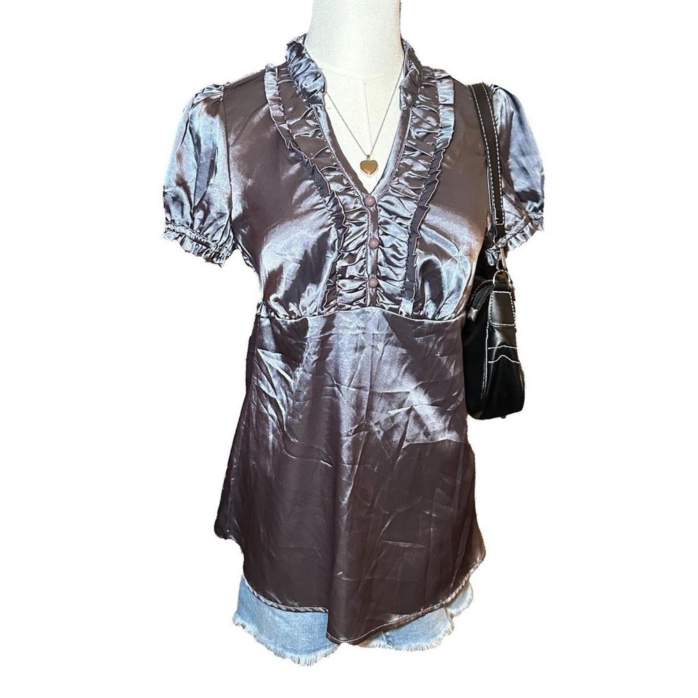 Rhapsody Satin Ruffle V-Neck Blouse Y2K Coquette Preppy